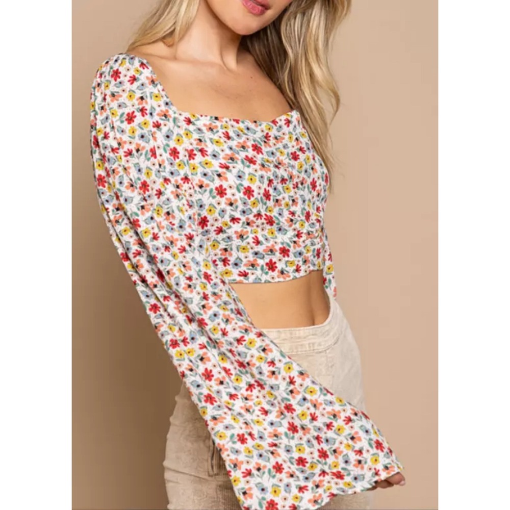 POL Floral Crop Top Smocked Bell‎ Sleeve Square Neck Blouse Size S
